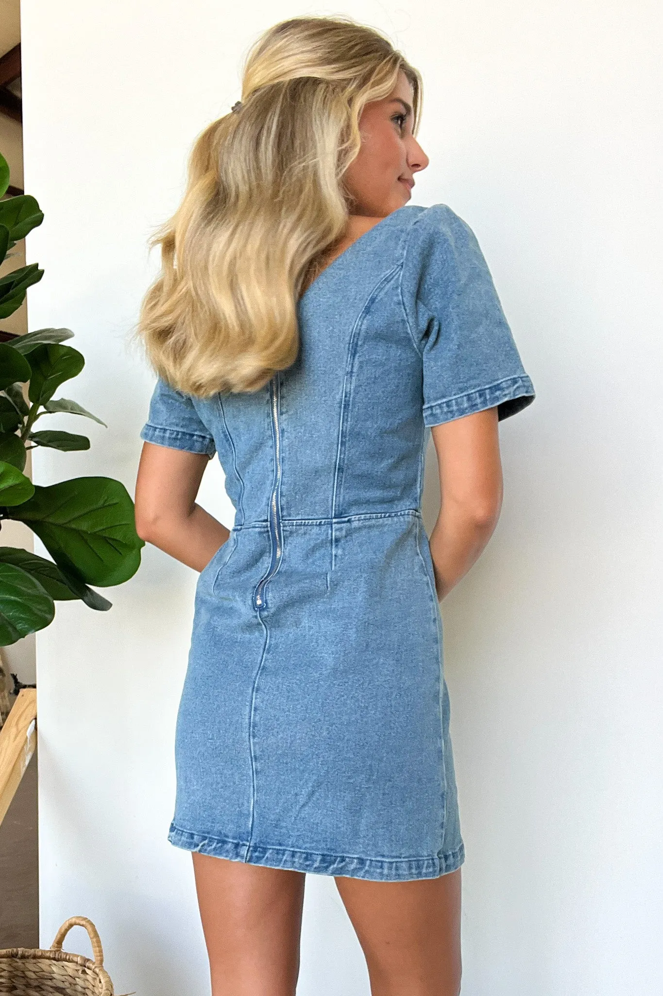 Adia Short Sleeve Square Neck Denim Dress