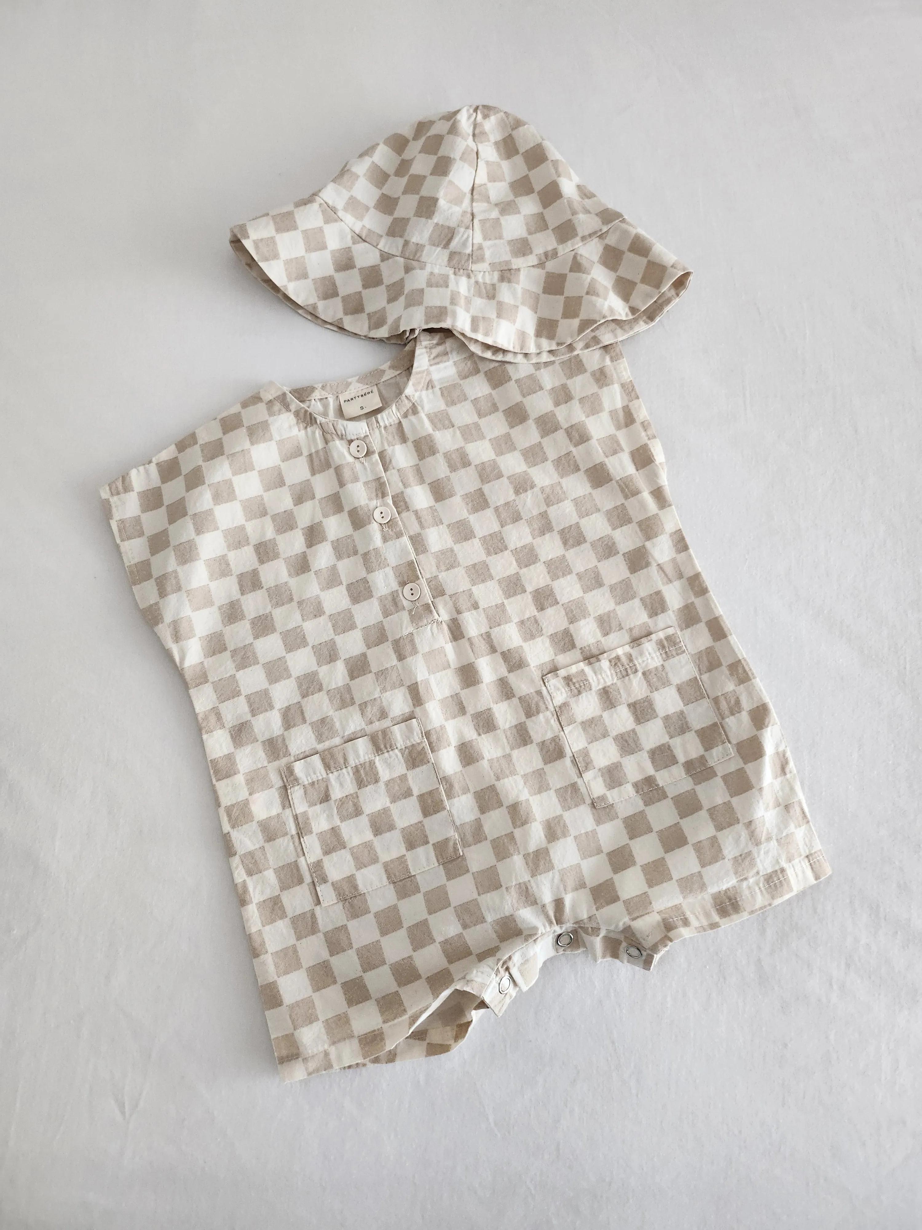 Baby Checkered Sleeveless Jumpsuit and Bucket Hat Set (13-36m)