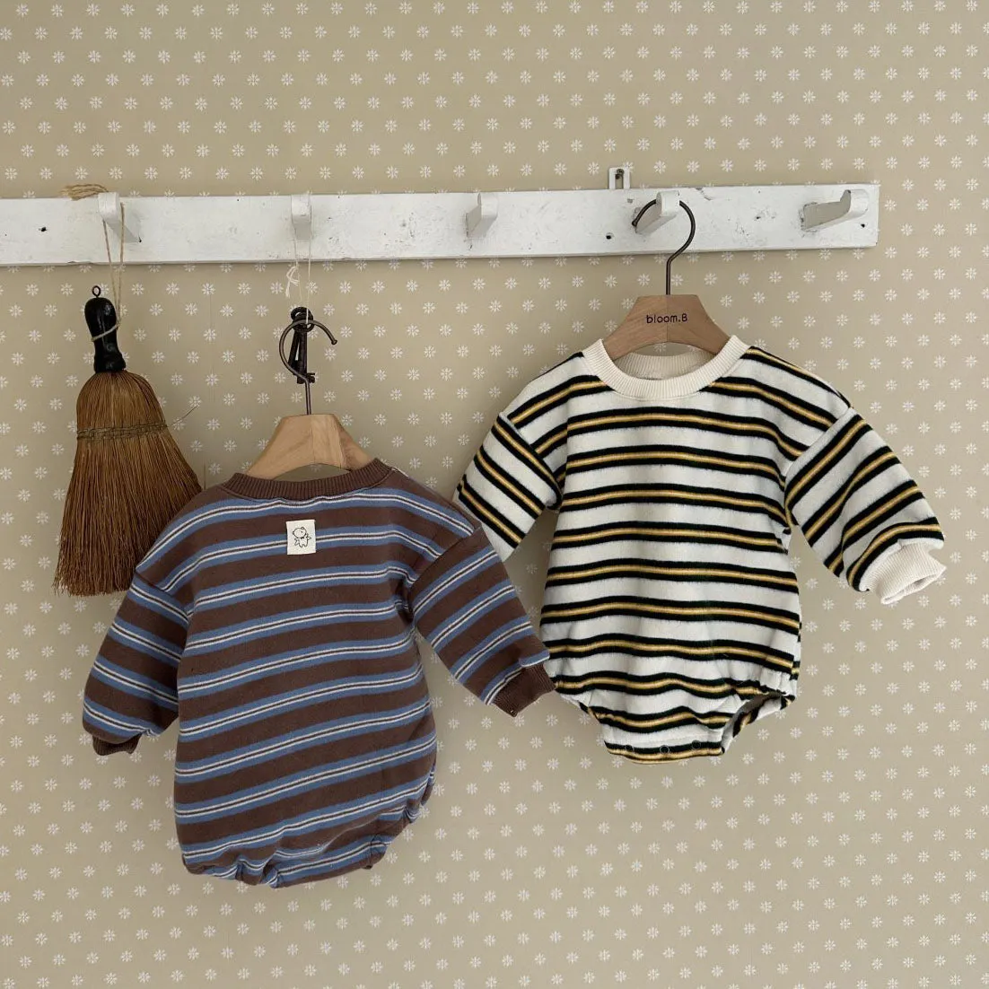 Baby Fleece Lined Stripe Sweatshirt Romper (0-24m) - 2 Colors