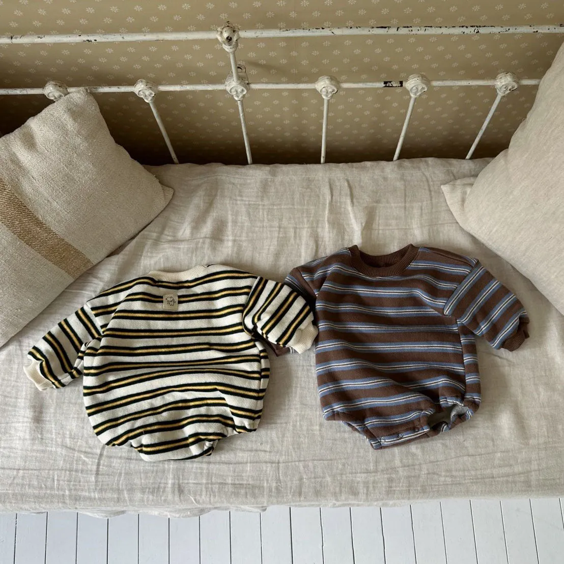 Baby Fleece Lined Stripe Sweatshirt Romper (0-24m) - 2 Colors