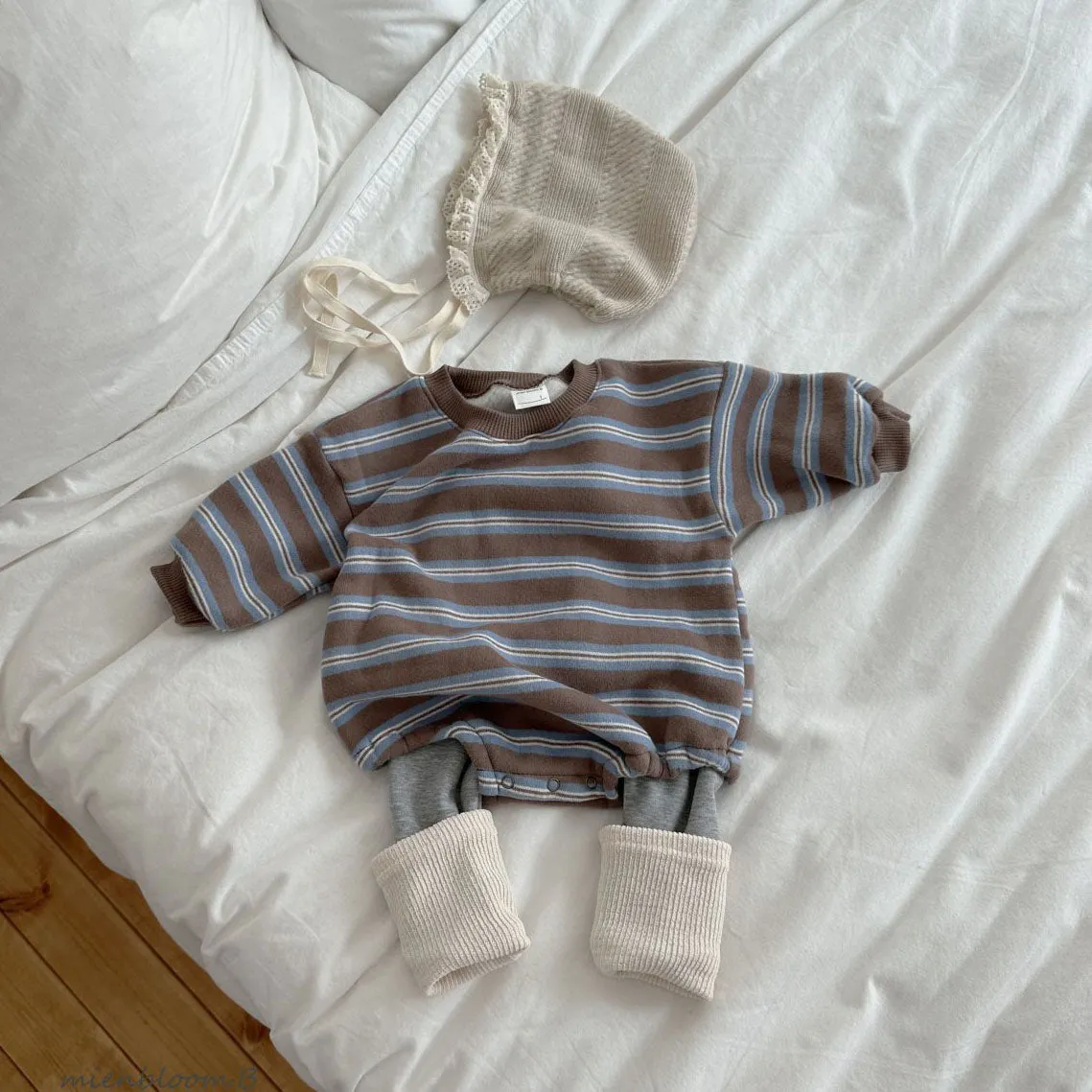 Baby Fleece Lined Stripe Sweatshirt Romper (0-24m) - 2 Colors