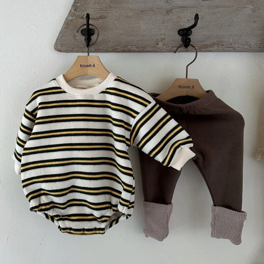 Baby Fleece Lined Stripe Sweatshirt Romper (0-24m) - 2 Colors