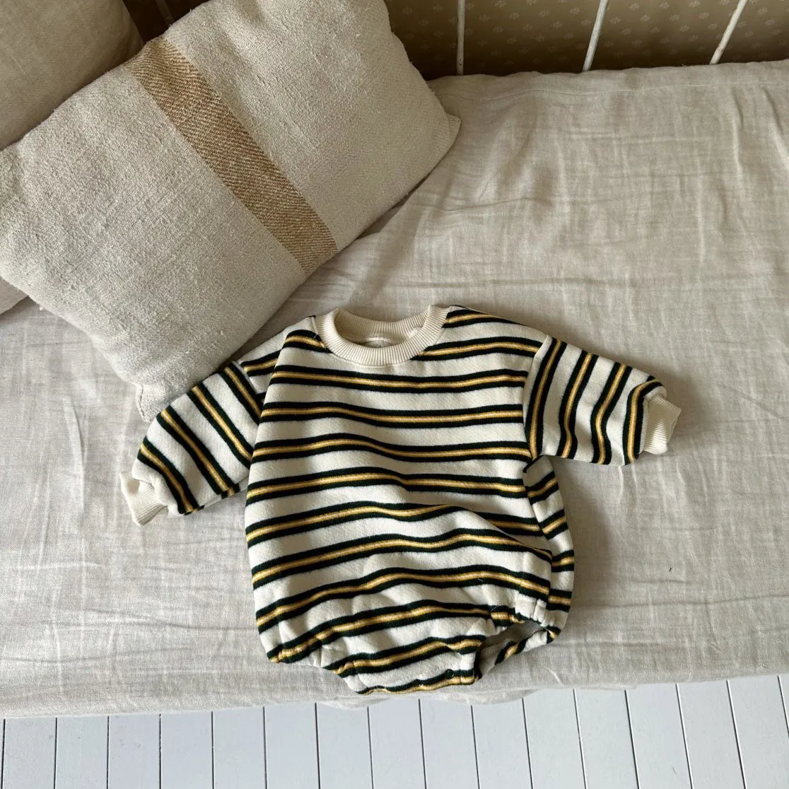 Baby Fleece Lined Stripe Sweatshirt Romper (0-24m) - 2 Colors