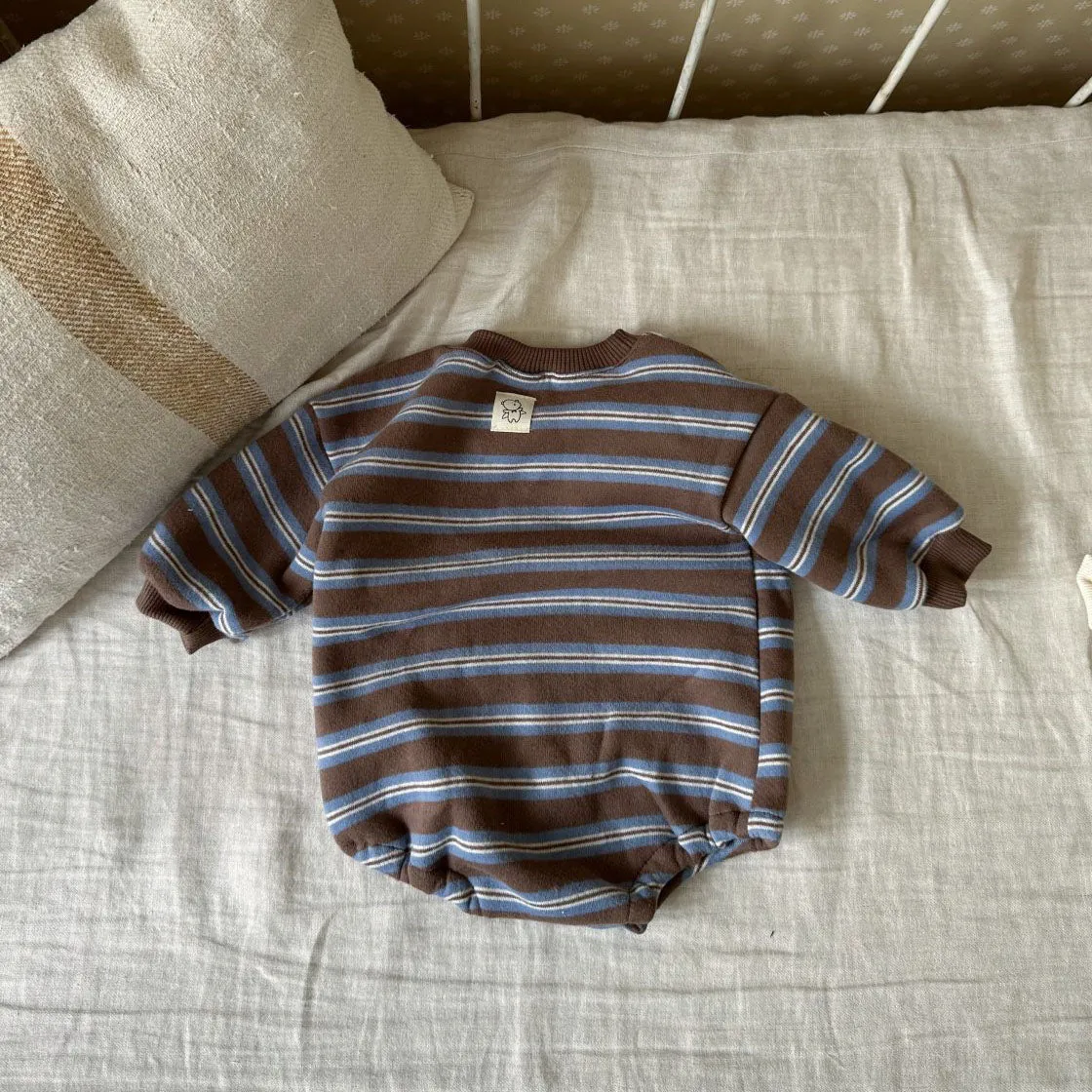 Baby Fleece Lined Stripe Sweatshirt Romper (0-24m) - 2 Colors