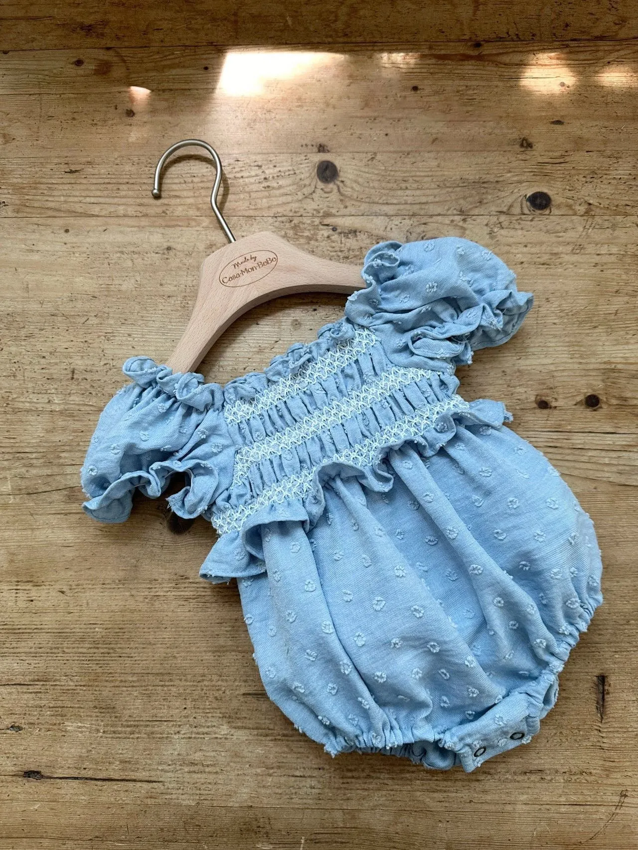 Baby Monbebe Short Puff Sleeve Smocked Bodice Bubble Romper (3-24m) - Blue