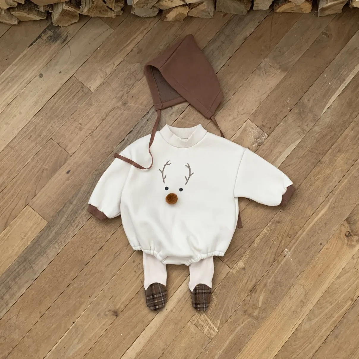 Baby W24 Back Brushed Fabric Reindeer Mock Neck Sweatshirt Romper and Bonnet Set (3-18m) - 2 Colors