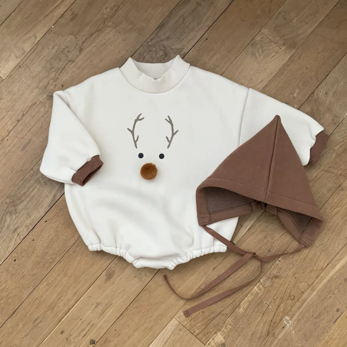 Baby W24 Back Brushed Fabric Reindeer Mock Neck Sweatshirt Romper and Bonnet Set (3-18m) - 2 Colors