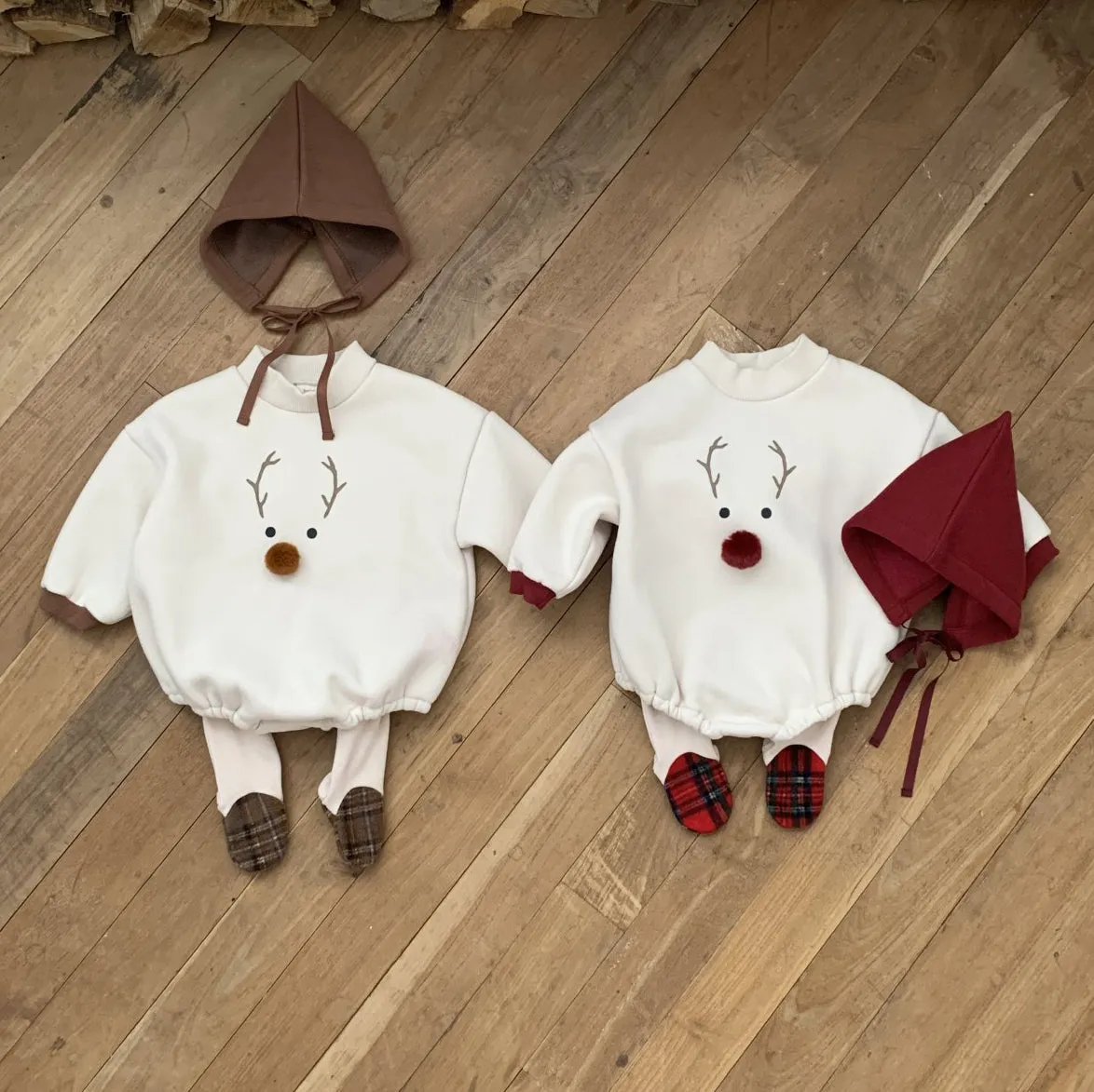 Baby W24 Back Brushed Fabric Reindeer Mock Neck Sweatshirt Romper and Bonnet Set (3-18m) - 2 Colors