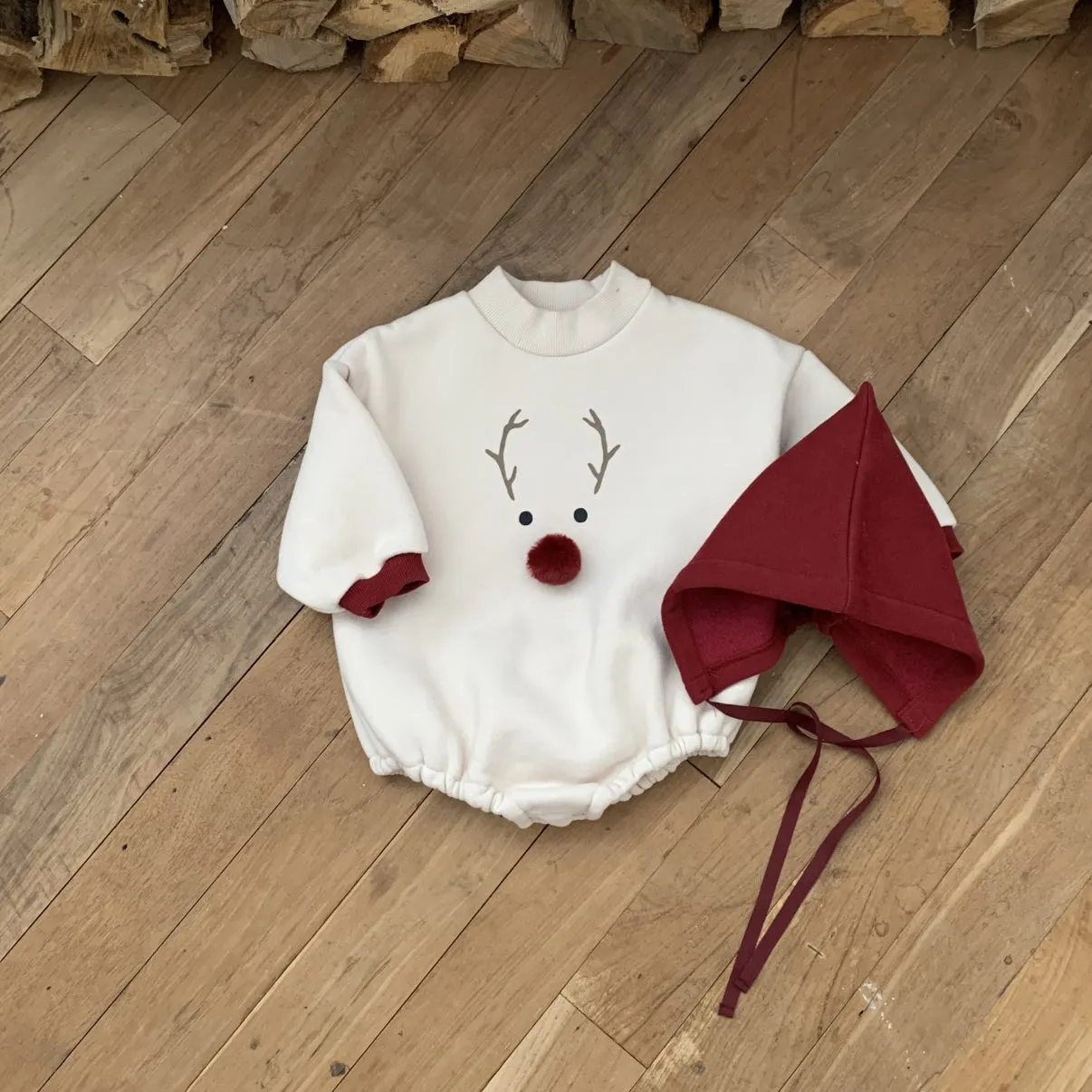 Baby W24 Back Brushed Fabric Reindeer Mock Neck Sweatshirt Romper and Bonnet Set (3-18m) - 2 Colors