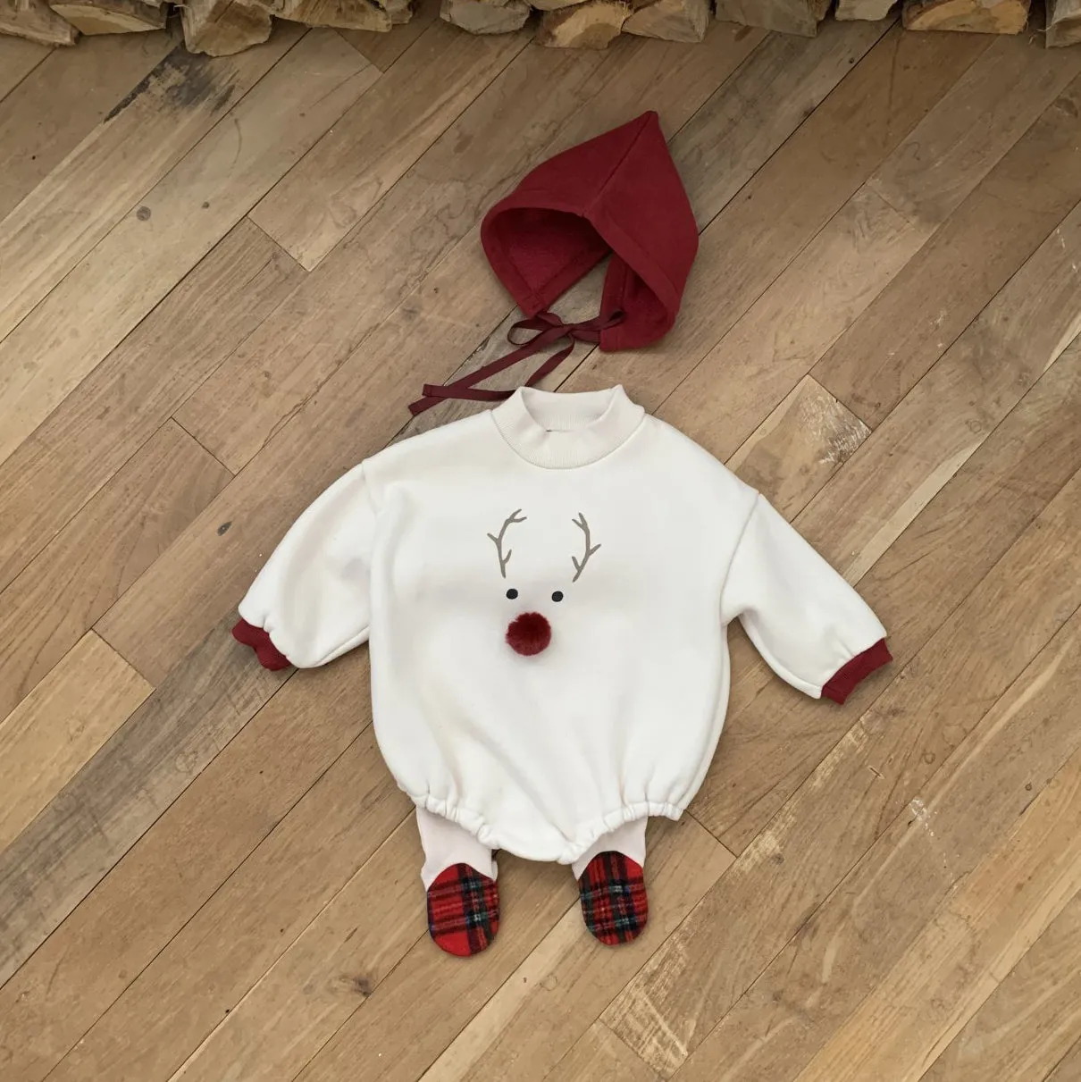 Baby W24 Back Brushed Fabric Reindeer Mock Neck Sweatshirt Romper and Bonnet Set (3-18m) - 2 Colors