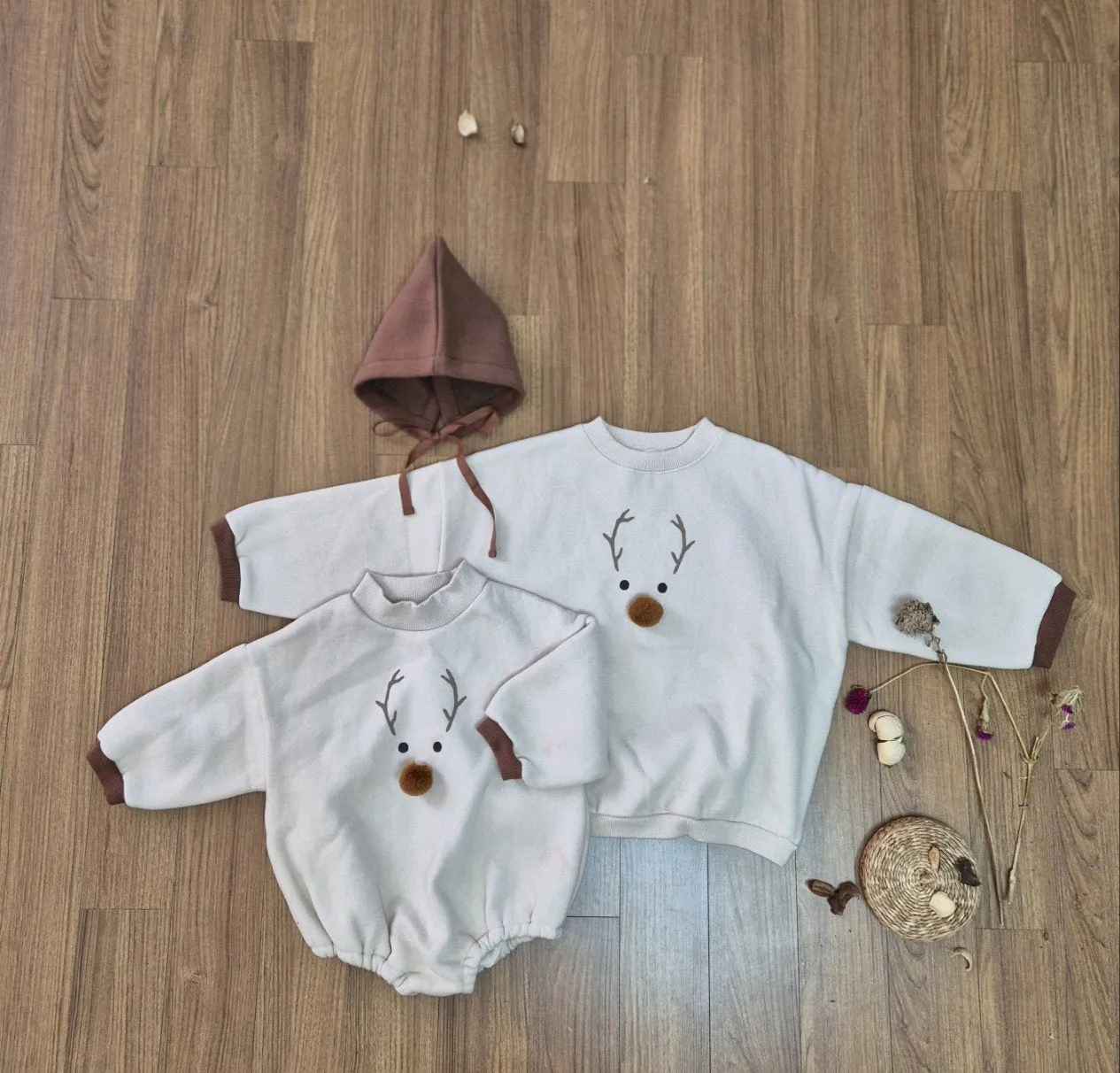 Baby W24 Back Brushed Fabric Reindeer Mock Neck Sweatshirt Romper and Bonnet Set (3-18m) - 2 Colors