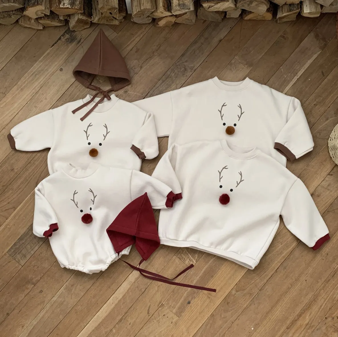 Baby W24 Back Brushed Fabric Reindeer Mock Neck Sweatshirt Romper and Bonnet Set (3-18m) - 2 Colors