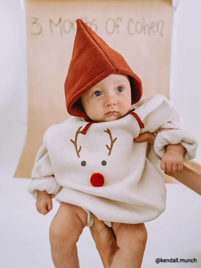 Baby W24 Back Brushed Fabric Reindeer Mock Neck Sweatshirt Romper and Bonnet Set (3-18m) - 2 Colors