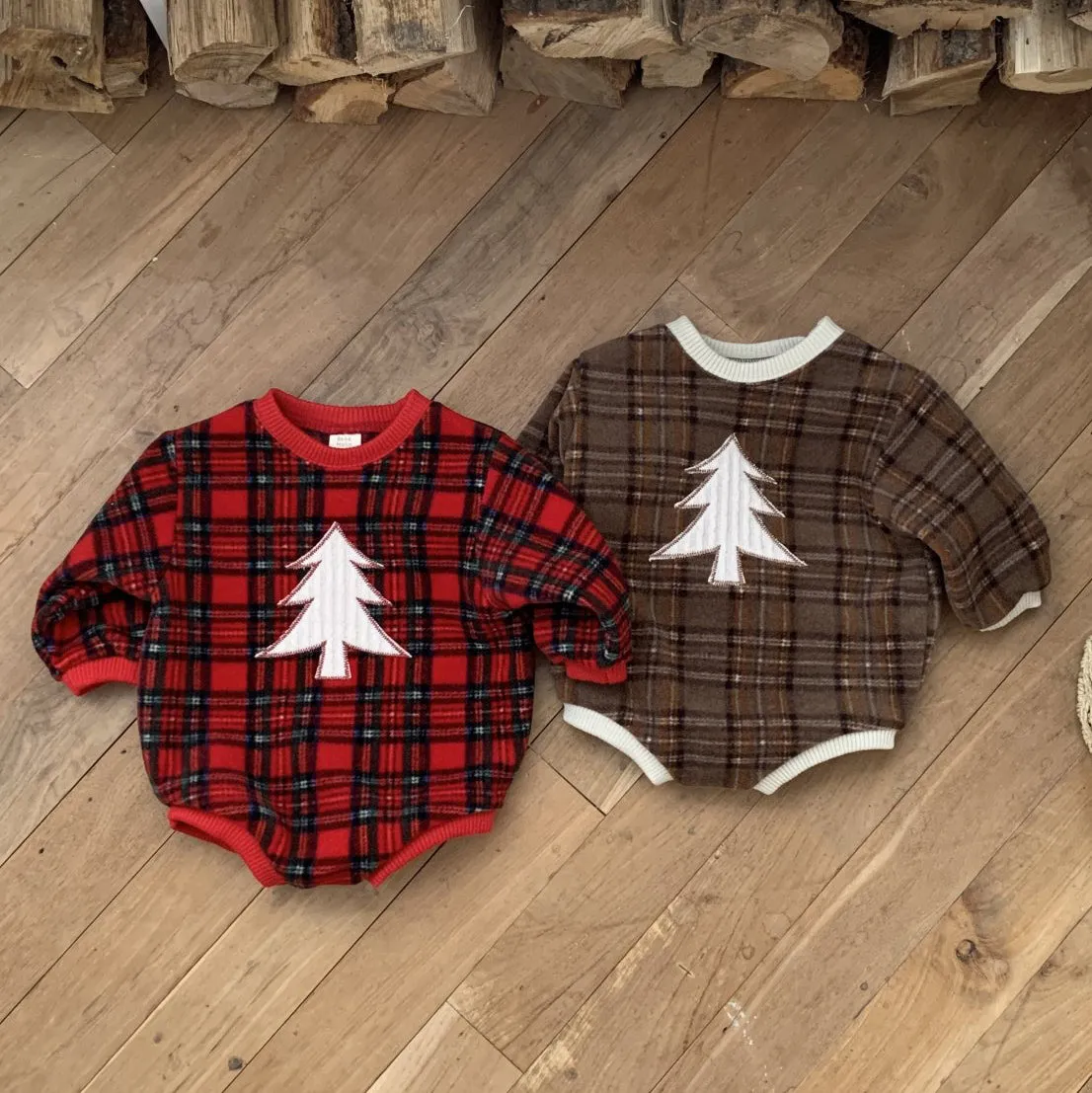 Baby W24 Fleece Tartan Check Tree Patch  Sweatshirt Romper(3-18m) - 2 Colors