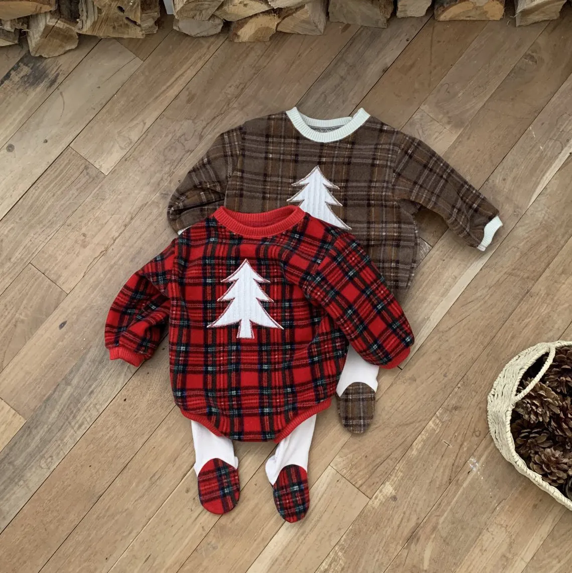 Baby W24 Fleece Tartan Check Tree Patch  Sweatshirt Romper(3-18m) - 2 Colors