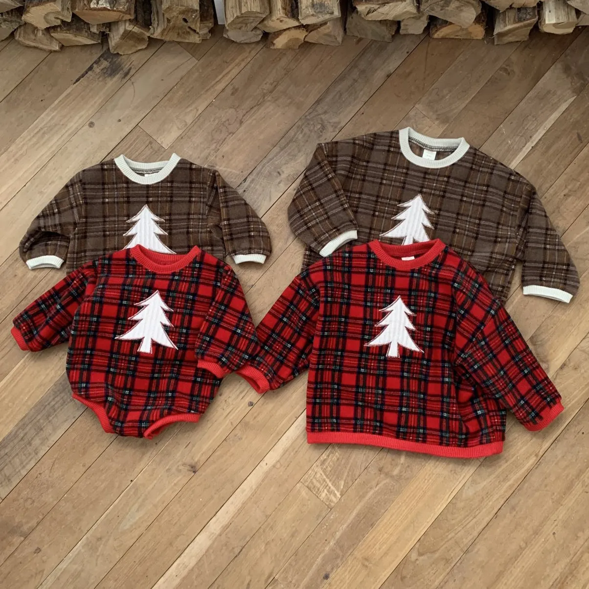 Baby W24 Fleece Tartan Check Tree Patch  Sweatshirt Romper(3-18m) - 2 Colors