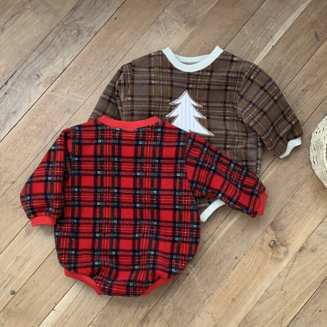 Baby W24 Fleece Tartan Check Tree Patch  Sweatshirt Romper(3-18m) - 2 Colors