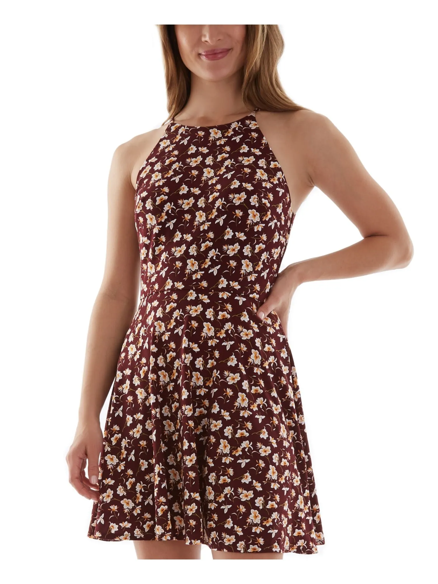 BCX DRESS Womens Maroon Floral Sleeveless Halter Mini Party Fit + Flare Dress