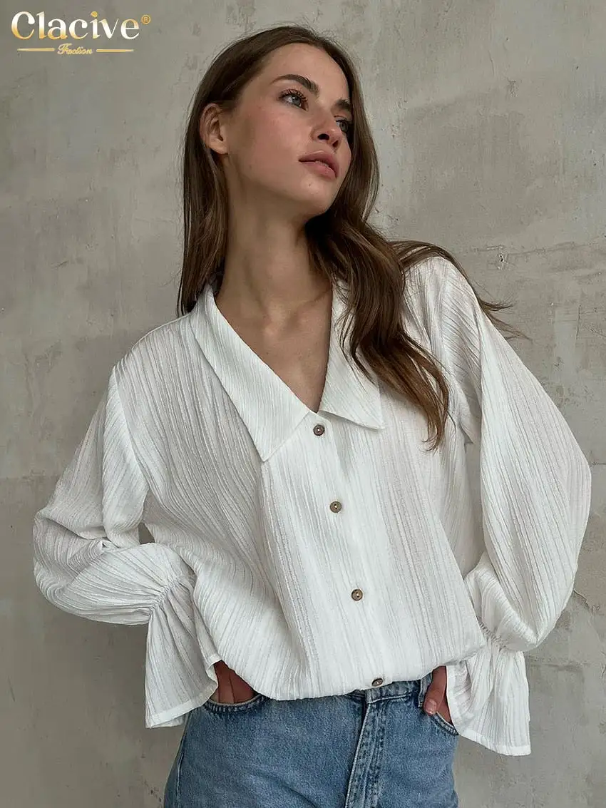 Casual Loose White Shirts For Women 2023 Fashion Lapel Long Sleeve Blouses Elegant Classic Solid Top Female Clothing