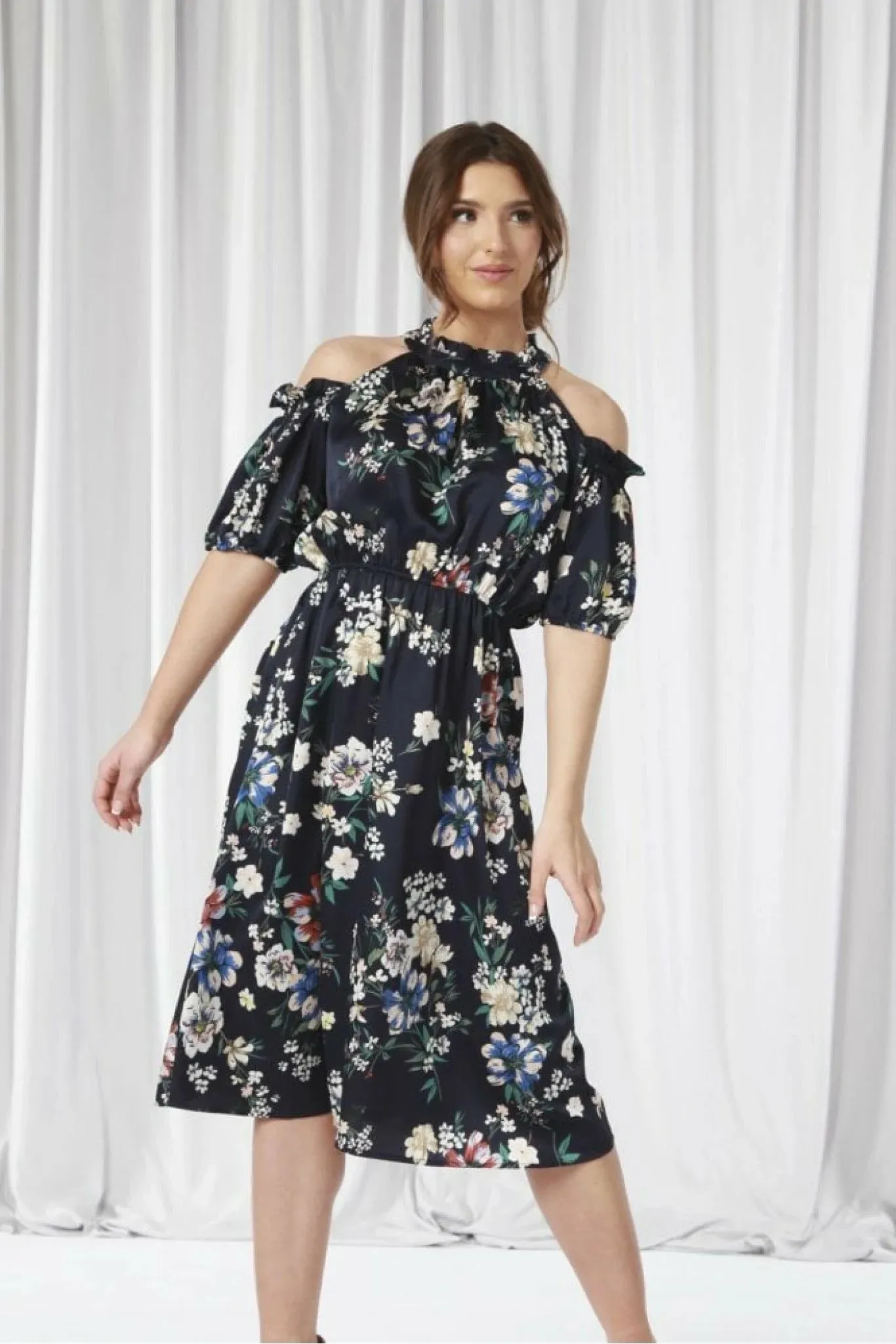 Double Second Printed Cold Shoulder Floral Dress