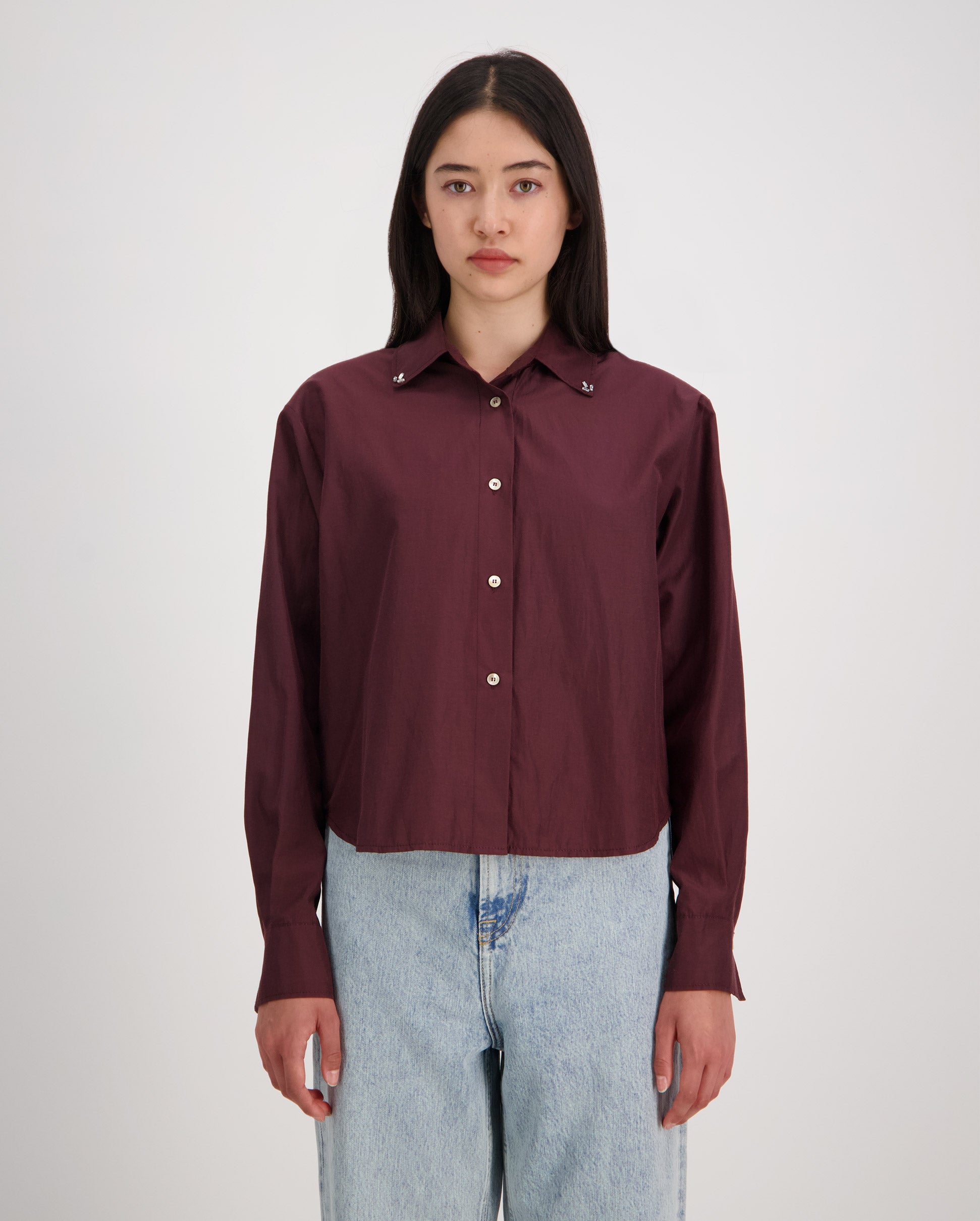 EMBROIDERED CHIC TAFFETA BOXY SHIRT / CACAO