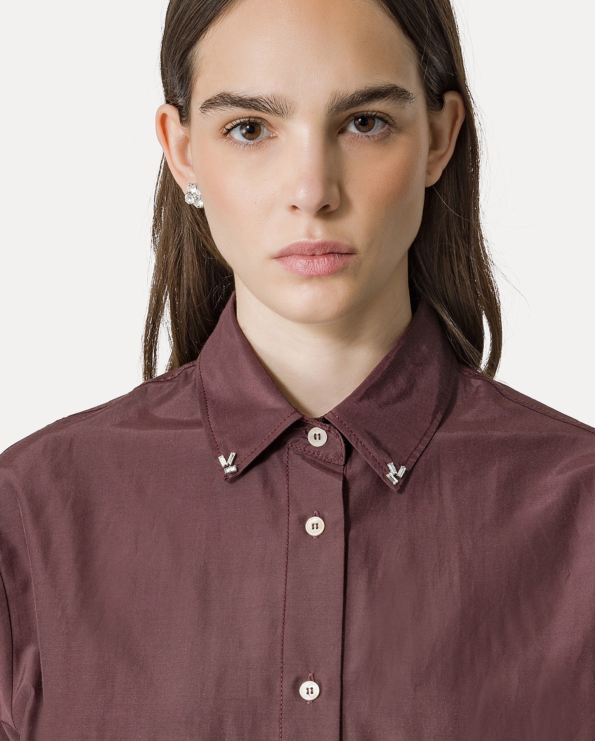 EMBROIDERED CHIC TAFFETA BOXY SHIRT / CACAO