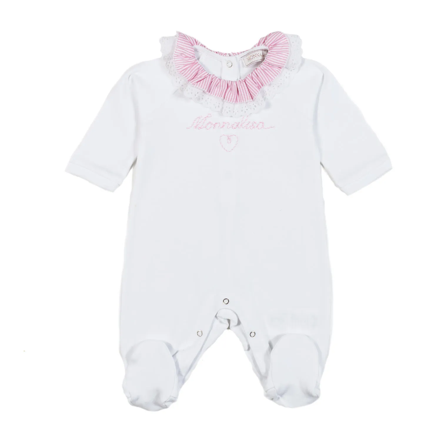 Monnalisa White Romper With Pink Collar And Logo