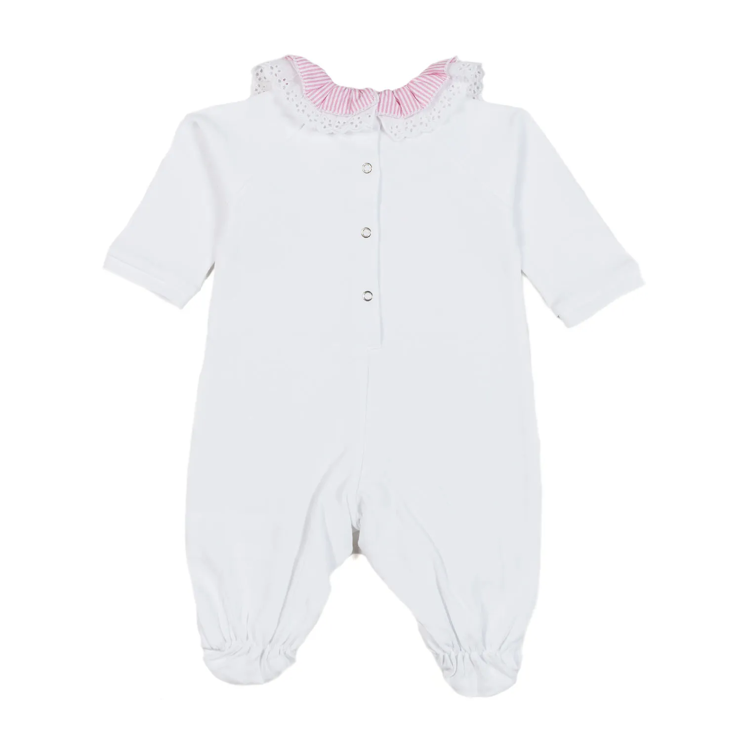 Monnalisa White Romper With Pink Collar And Logo