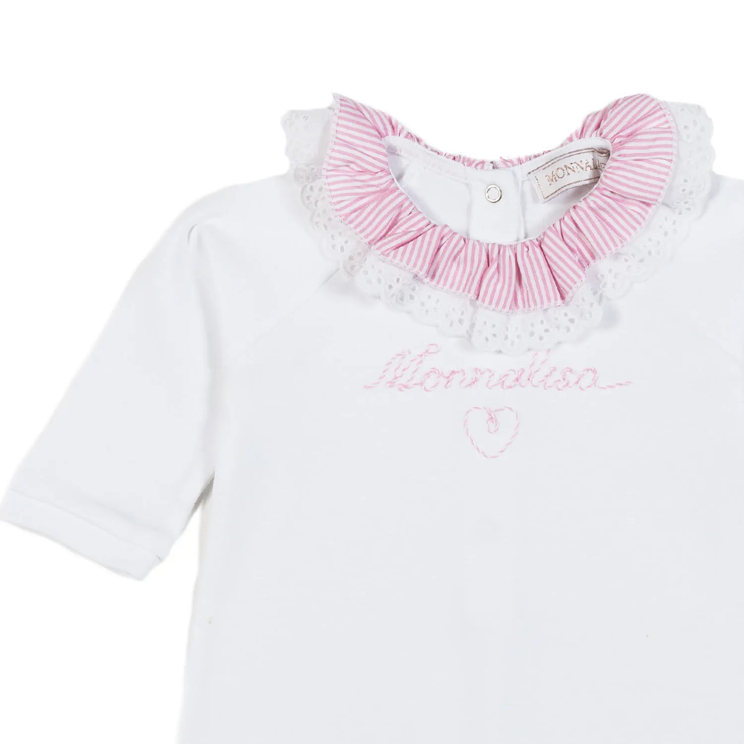 Monnalisa White Romper With Pink Collar And Logo