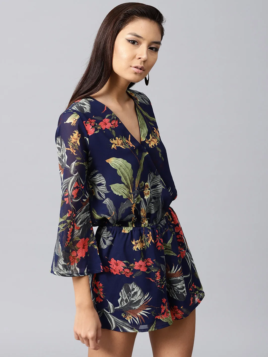 Navy Tropical Wrap Romper