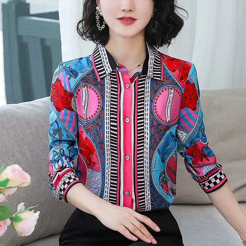 Shirts and Blouses Vintage Print Long Sleeve Turn-down Collar Women Blouse Top Lapel blusas mujer elegantes y juveniles