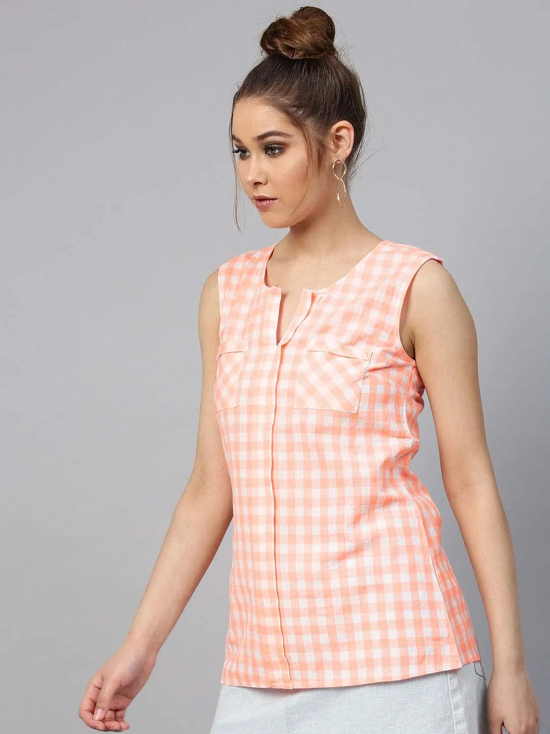 Sleeveless Box Pleat Check Blouse