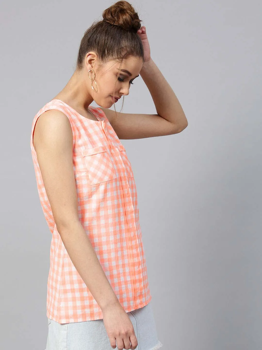 Sleeveless Box Pleat Check Blouse