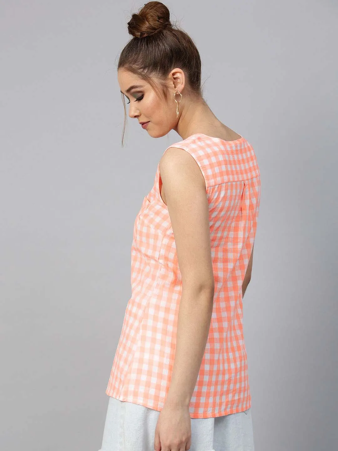 Sleeveless Box Pleat Check Blouse