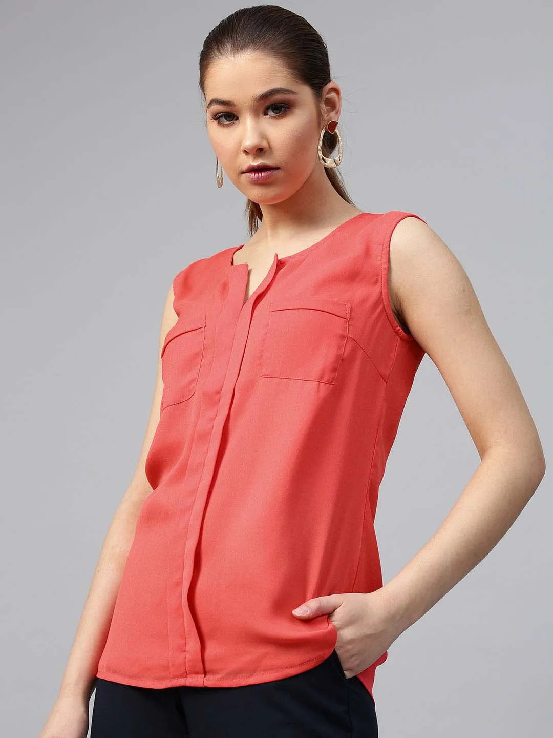 Sleeveless Box Pleat Patch Pockets Top