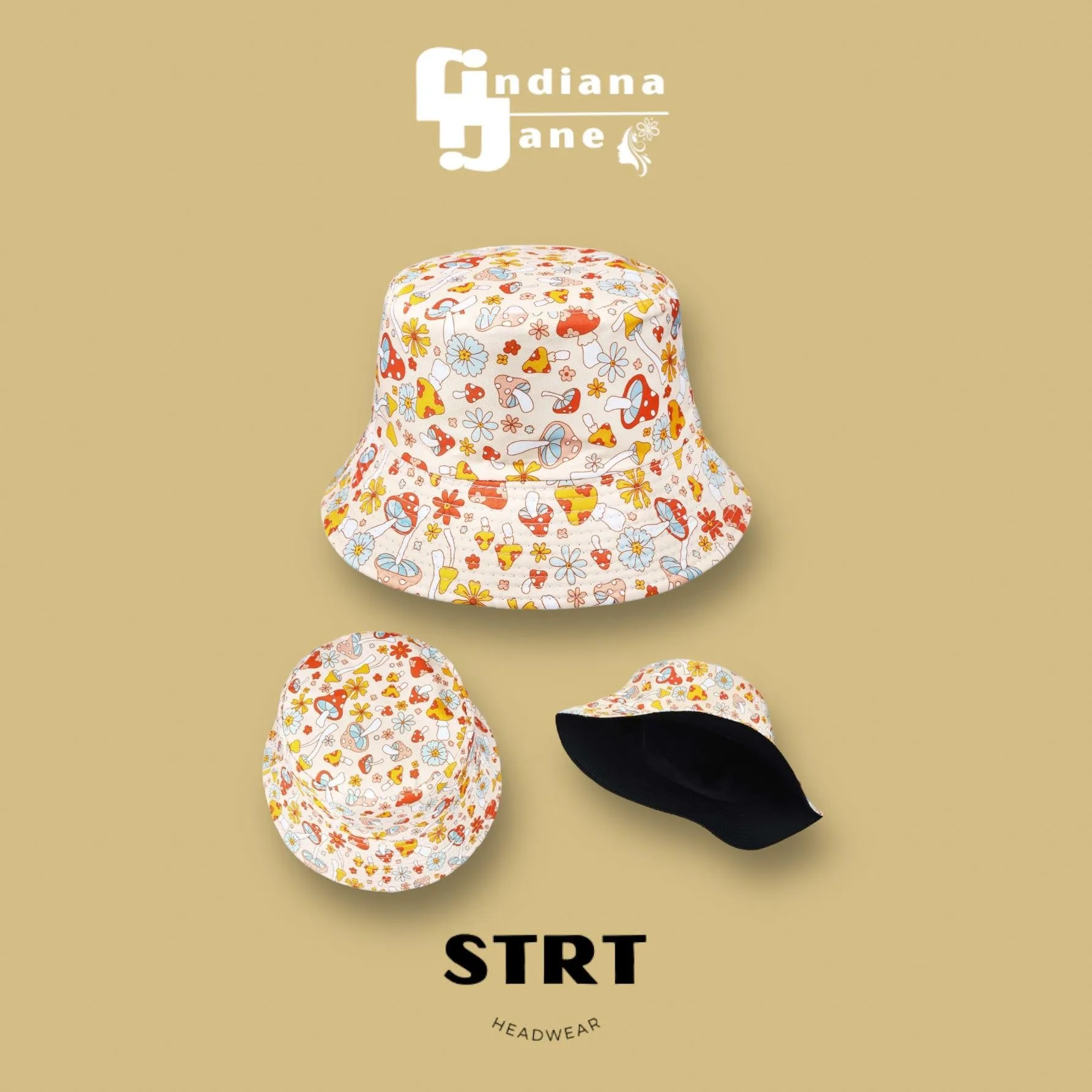 STRT Mushroom Colorful Print Reversible Bucket Hat