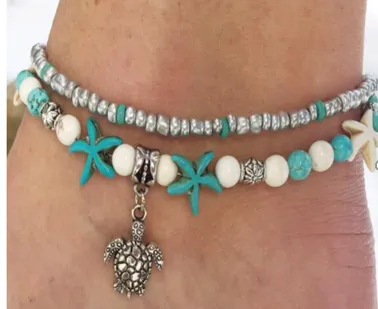 Turquoise Turtle  Two Row Anklets