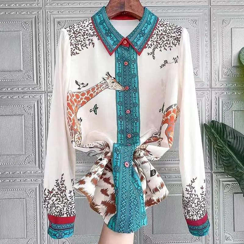 Vintage Print Women Satin Blouses Runway Baroque Elegant Office Ladies Long Sleeve Shirts Tops Blusas De Mujer  Блузки