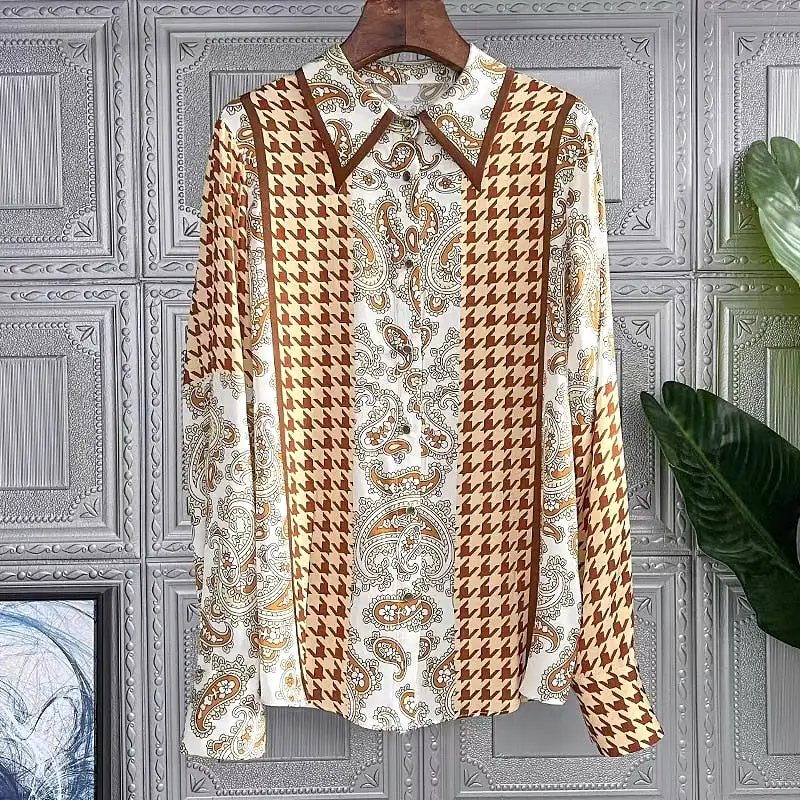 Vintage Print Women Satin Blouses Runway Baroque Elegant Office Ladies Long Sleeve Shirts Tops Blusas De Mujer  Блузки