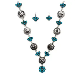 Western Concho Flower Charm Link Turquoise Necklace Earrings