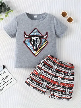 Wild West Bull Graphic Boys Tshirt  Shorts Set Summer Style