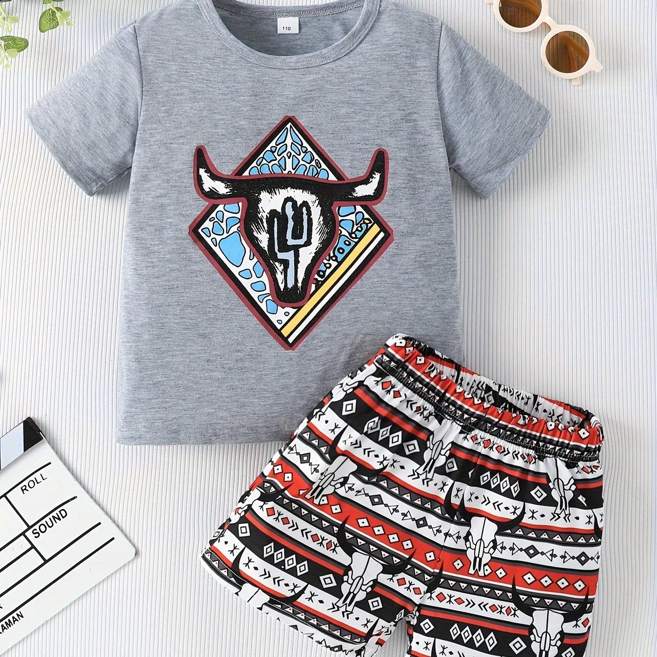 Wild West Bull Graphic Boys Tshirt  Shorts Set Summer Style